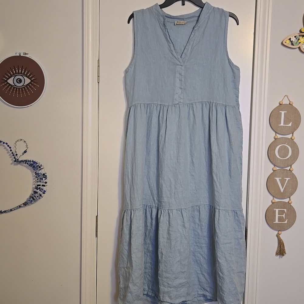 Bellamoda Light Blue Linen-Blend Midi Dress